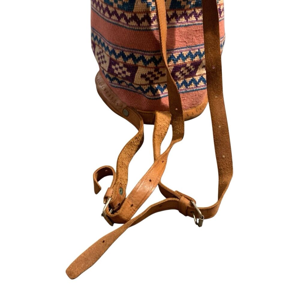 Vintage Leather Wool Kilim Drawstring Backpack Large Multi-Color Tooled Bag Boho - Picture 7 of 15